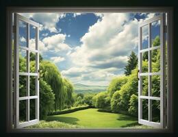 ai generato Abbracciare una persona natura panoramico Visualizza di un' rurale estate campo attraverso un ha aperto finestra, portando il bellezza di il all'aperto dentro. foto