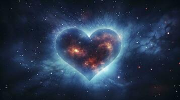 ai generato cuore sagomato nebulosa con starburst di tiro stelle nel stellato cielo foto