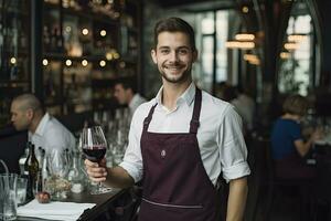ai generato sorridente uomo è servendo vino nel un' ristorante foto