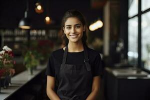 ai generato femmina cameriera nel un' nero vestito e grembiule in piedi nel ristorante foto