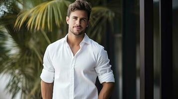 ai generato ritratto di sorridente contento bello uomo nel bianca camicia foto