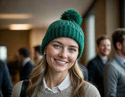 ai generato foto di bellissimo donna con bionda capelli e Beanie cappello con contento sensazione durante inverno stagione, generativo ai