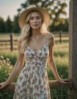 ai generato foto di bellissimo donna con bionda capelli e Stampa vestito e cowboy cappello in piedi a Locale azienda agricola sentiero, generativo ai