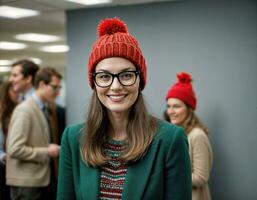 ai generato foto di bellissimo donna con bionda capelli e bicchieri e Beanie cappello ufficio camera, generativo ai