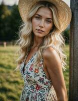 ai generato foto di bellissimo donna con bionda capelli e Stampa vestito e cowboy cappello in piedi a Locale azienda agricola sentiero, generativo ai