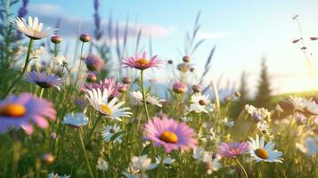 ai generato fiori, sfondo Immagine, fiore campo, luminosità, freschezza, scenario, paesaggio, natura foto