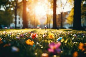 ai generato fiori, sfondo Immagine, fiore campo, luminosità, freschezza, scenario, paesaggio, natura foto