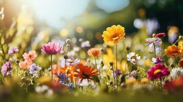 ai generato fiori, sfondo Immagine, fiore campo, luminosità, freschezza, scenario, paesaggio, natura foto