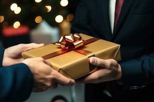 ai generato vicino su Visualizza di mani dando un' attività commerciale regalo nel un ufficio, ai generativo foto