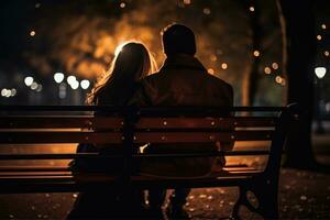 ai generato coppia nel amore seduta su un' parco panca, romantico, Tenere mano, a notte, ai generativo foto