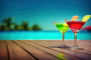 ai generato scrivania di gratuito spazio con limonata cocktail su il spiaggia estate sfondo. ai generato foto