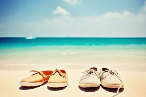 ai generato scarpe su il spiaggia. estate vacanza sfondo. ai generato foto