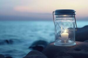 ai generato candela nel un' vaso su il sfondo di il spiaggia. estate sfondo. ai generato foto