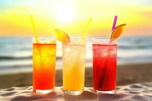 ai generato limonata cocktail su il spiaggia avvicinamento. vacanza sfondo. ai generato foto