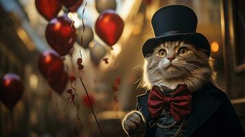 ai generato un' gatto indossare un' superiore cappello e arco cravatta con palloncini nel il sfondo, ai foto