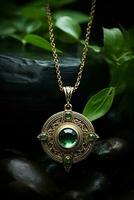 ai generato un' collana con un' verde pietra seduta su alcuni rocce, ai foto