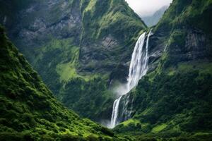 ai generato un' cascata è visto nel il mezzo di un' lussureggiante verde valle, ai foto
