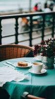 ai generato un' tavolo con un' tazza di caffè e un' torta su esso, ai foto