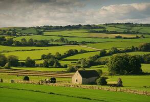ai generato serenità nel il inglese campagna un' intravedere in rurale azienda agricola vita foto