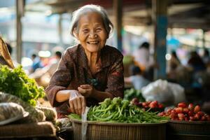 ai generato anziano asiatico signora su il cibo mercato foto