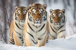 ai generato gruppo di siberiano tigri nel selvaggio inverno natura. foto