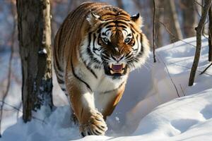 ai generato arrabbiato ussurian tigre nel un' nevoso foresta foto