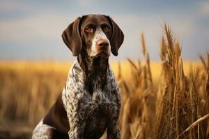 ai generato Tedesco capelli corti puntatore. a caccia cane nel il campo. foto