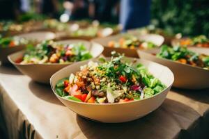 ai generato strada cibo Festival, ristorazione servizio. verdura insalate nel carta piatti venduto all'aperto a mercato posto foto