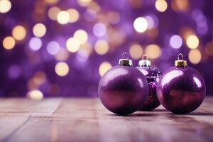 ai generato Natale decorazioni con viola Natale palle e posto per testo. foto
