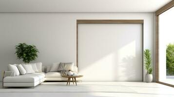 ai generato bianca minimalista vivente camera interno con divano. scandinavo interno manifesto finto su foto
