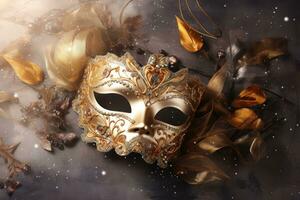 ai generato festivo veneziano carnevale maschera su grigio sfondo, nuovo anno celebrazione foto