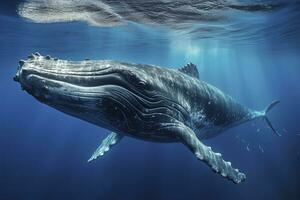 ai generato giovane gobba balena nel blu acqua. ai generato foto