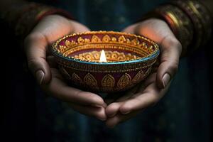 ai generato bellissimo mani Tenere Diwali lampade tradizionalmente. ai generato. foto