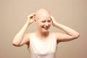ai generato ritratto di caucasico Calvo donna, alopecia e cancro consapevolezza foto