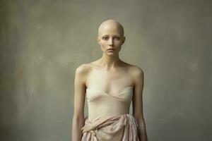 ai generato ritratto di caucasico Calvo ragazza, alopecia e cancro consapevolezza foto