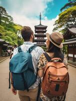 ai generato un' fotografia coppia di viaggiatore o zaino in spalla con un' molti stile e molti angolo foto