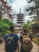 ai generato un' fotografia coppia di viaggiatore o zaino in spalla con un' molti stile e molti angolo foto