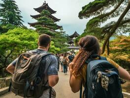 ai generato un' fotografia coppia di viaggiatore o zaino in spalla con un' molti stile e molti angolo foto