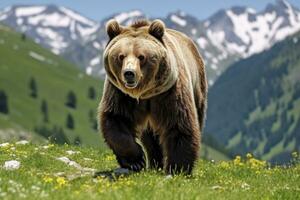 ai generato Marrone orso in movimento su il verde prato nel primavera natura. ai generato foto