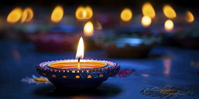 ai generato contento diwali. diya olio lampade erano illuminato durante il celebrazione. ai generato foto