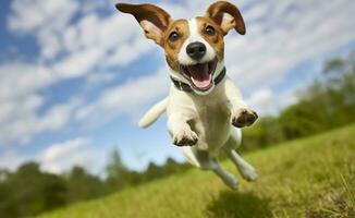 ai generato Jack russel parroco cane correre verso il telecamera Basso angolo alto velocità sparo. ai generato foto