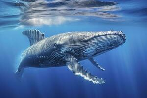 ai generato giovane gobba balena nel blu acqua. ai generato foto