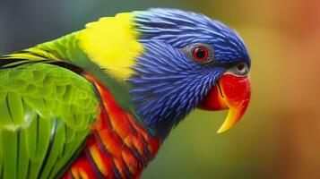 ai generato lato Visualizza avvicinamento di bellissimo e colorato lorikeet verde naped uccello. generativo ai foto