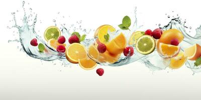 ai generato turbine acqua spruzzo con frutta. liquido flusso con ghiaccio cubi e un' mescolare di fresco frutta. generativo ai foto