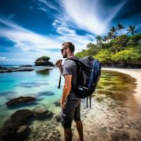 ai generato un' fotografia di viaggiatore o zaino in spalla nel il spiaggia con un' molti stile e molti angolo foto