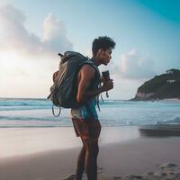 ai generato un' fotografia di viaggiatore o zaino in spalla nel il spiaggia con un' molti stile e molti angolo foto