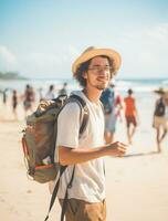 ai generato un' fotografia di viaggiatore o zaino in spalla nel il spiaggia con un' molti stile e molti angolo foto