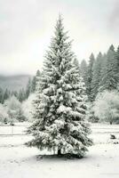 pino alberi o decorato Natale albero coperto di neve su bellissimo inverno. Natale tema all'aperto di ai generato foto