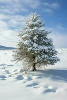 pino alberi o decorato Natale albero coperto di neve su bellissimo inverno. Natale tema all'aperto di ai generato foto