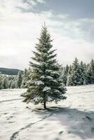 pino alberi o decorato Natale albero coperto di neve su bellissimo inverno. Natale tema all'aperto di ai generato foto